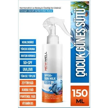 New Well SPF50+ Güneş Sütü - Çocuklar için, Tüm Cilt Tiplerine Uygun, Jojoba ve Zeytinyağı İçerir,