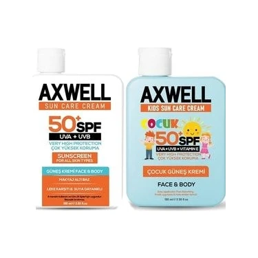 Axwell 2'Li Fırsat Yetişkin Ve Çocuk Güneş Kremi Seti Spf50+,Leke Karşıtı, Vitamin