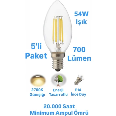 Horoz 6 Watt Günışığı E14 Duylu Rustik Ampul 700 Lümen Avize Ampulü İnce Duylu Mum