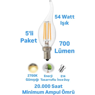 Horoz 6 Watt Günışığı E14 Duylu Rustik Ampul Kıvrık 700 Lümen Avize Ampulü İnce Duylu Mum