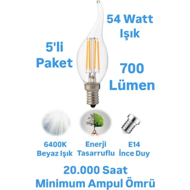 Horoz 6 Watt Beyaz Işık E14 Duylu Rustik Ampul Kıvrık 700 Lümen Avize Ampulü İnce Duylu Mum