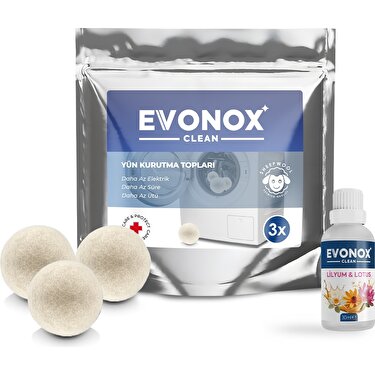 Evonox Clean 3 Adet Çamaşır Yün Keçe Kurutma Topu + 30ML Esans Koku Hediye - Doğal ve Çevre