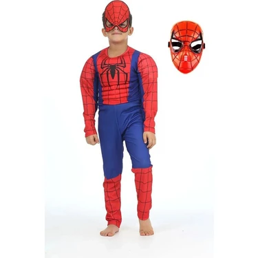 Sedirli Spiderman Kostümü Kaslı Çocuk 2 Maskeli Örümcek Adam Kaslı Kostümü Maskeli Parti