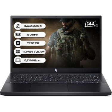 Acer Nitro V15 ANV15-41 Amd R5 7535HS 16GB 512GB SSD RTX4060-8GB Dos 15.6 Fhd 144Hz Taşınabilir