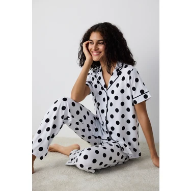 Penti Black Dotted Gömlek Pantolon Beyaz Pijama