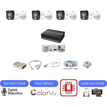 Hikvision 4 Kameralı Dahili Mikrofonlu Gece Renkli Kamera Seti - 56 Gün Kayıt Saklar - Uzaktan