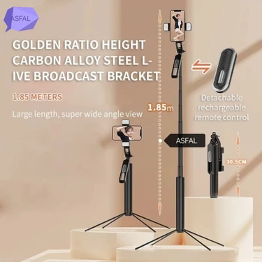 Asfal Çift Işıklı, Taşıma Çantalı Kumandalı 185 cm Alüminyum Telefon ve Kamera Tripodu Gopro Uyumlu