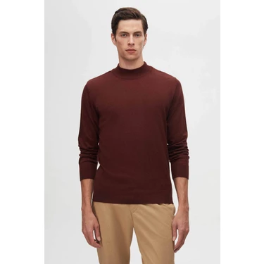 Regular Fit Bordo Pamuk Karışımlı Yarım Balıkçı Triko Kazak