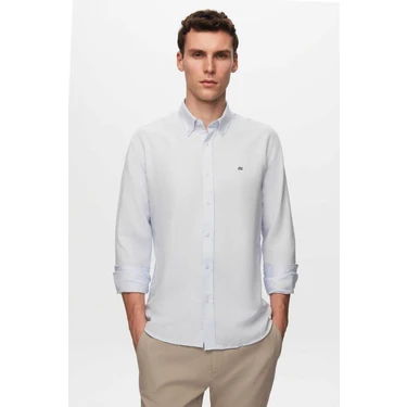 Slim Fit Mavi Oxford Düğmeli Yaka Kolay Ütülenebilir Nakış Detaylı Pamuklu Gömlek