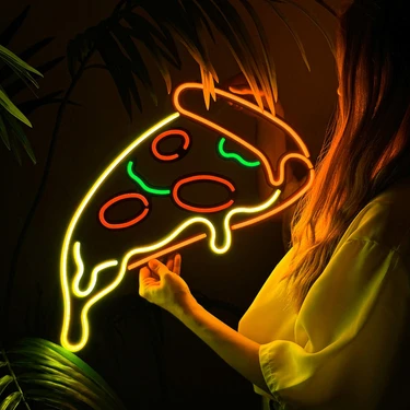 Pizza Neon Dekoru - Modern ve Şık Metal Üzerine Neon Lamba Duvar Dekoru | 48 cm x 52