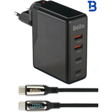 Bt-03 100W 3 Port USB Type-C Hızlı Şarj Adaptörü Type-C Göstergeli Örgülü Hızlı Şarj Data Kablosu