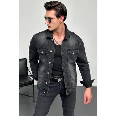 Hlt Jeans Erkek Antrasit Jean Denim Standart Kalıp %100 Pamuk Cepli Düğmeli Kot Ceket