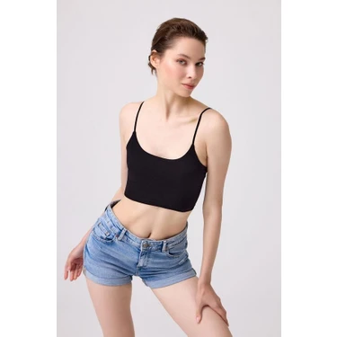 Siyah Pamuklu İnce Askılı Kadın Crop Top