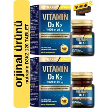 Nutraxin D3K2 120 Tablet 2'li - 1000 Iu D3 Vitamini, 25 Mcg K2