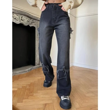 Pass&pass 2424 Kadın Yıldız Detaylı Baggy Jeans Kot Denim Pantolon -