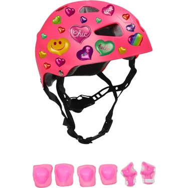 Sportaj Pembe Çocuk Kaskı Kalpler ve Harfler Stickerlı Spor Koruyucu Kask Pembe Dizlik Dirseklik