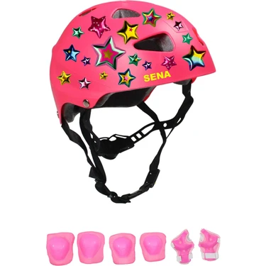 Sportaj Pembe Çocuk Kaskı Yıldızlar ve Harfler Stickerlı Spor Koruyucu Kask Pembe Dizlik Dirseklik