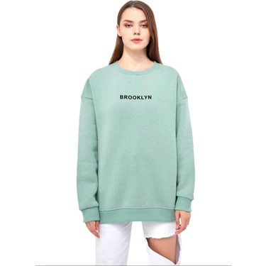 Unisex Su Yeşili Basic Bisiklet Yaka Sweatshirt Brooklyn Baskılı Hoodie %100