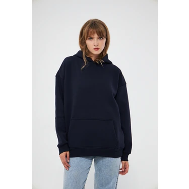 Unisex Lacivert Basic Sweatshirt Hoodie %100