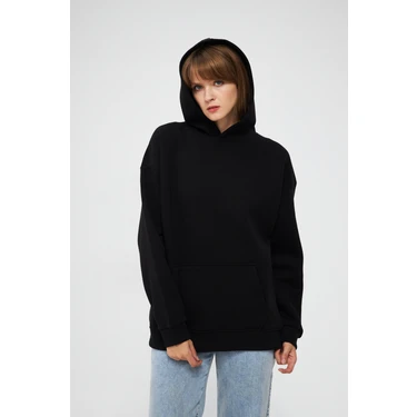 Unisex Siyah Basic Sweatshirt Hoodie %100