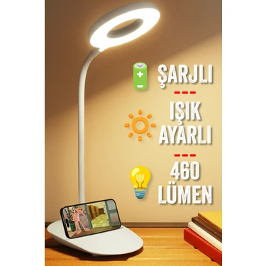 Telvesse Şarjlı Masa Lambası Dokunmatik 3 Renk 24 LED Telefon Standlı Kademeli Çalışma Okuma Işığı