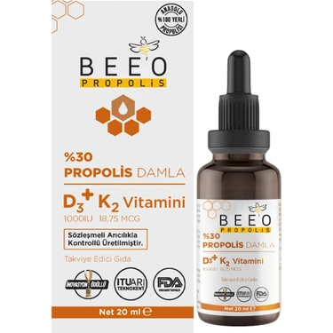 BEE'O Beeo Propolis D3+K2 Damla 20 ml Anadolu Propolisi İçeren Katkısız Vitamin