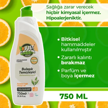 Just Green Organic Bitkisel Elde Bulaşık Deterjanı Portakal Yağlı - %100 Doğal Ve Ferah Temizlik