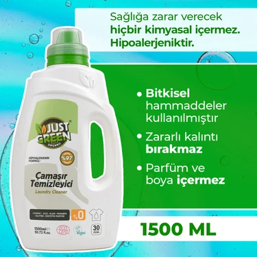 Just Green Organic Bitkisel Çamaşır Deterjanı, %100 Bitkisel, Doğal Ve Güçlü Deterjan, 30 Yıkama,