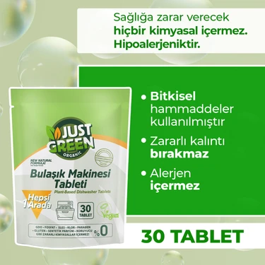 Just Green Organic Bitkisel Bulaşık Makinesi Tableti - %100 Bitkisel - Doğal Ve Güçlü Temizlik (30