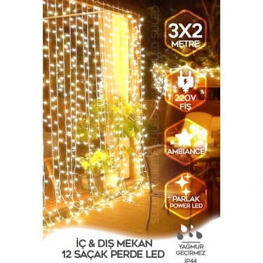 Suled   250 Ledli Perde LED Işık 3x2 Metre 220V Fişli Iç ve Dış Mekan Ambiyans Süs ve Dekor LED