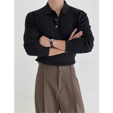 Tarz Cool Erkek Siyah Düğmeli Polo Yaka Triko