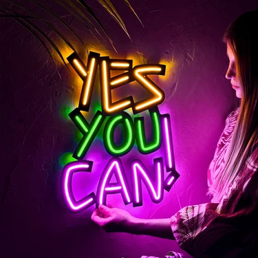 Yes You Can Neon LED Duvar Dekoru - Modern ve Şık Metal Üzerine Neon Duvar Dekoru | 39,6 cm x 44,6