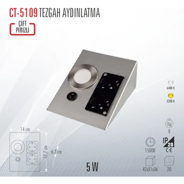 Cata CT-5109 Üçgen Tezgah Altı Priz ve Aydınlatma Gün