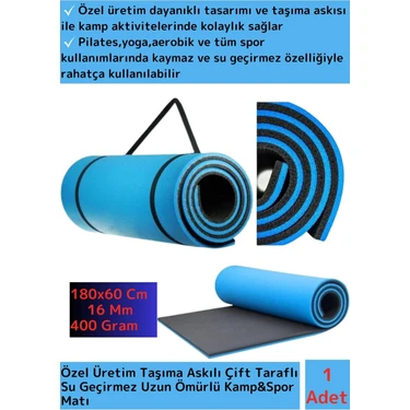 Özel Model Taşıma Askılı Çift Taraflı Kaymaz Su Geçirmez Pilates Kamp Fitness Yoga Matı Mavi 16