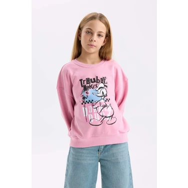 DeFacto Kız Çocuk Disney Mickey Mouse &Friends Relax Fit Bisiklet Yaka Sweatshirt