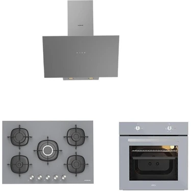 Silverline Karma Gri Cam Ankastre Set 3481 Davlumbaz - CS5622S01 75CM Ocak - Esty AEF6601S04