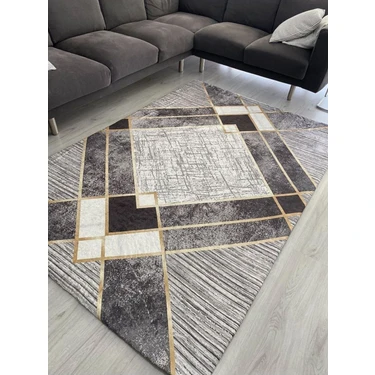 Carpet Cover Siyah Gri Gold Şerit Model Lastikli Kadife Halı