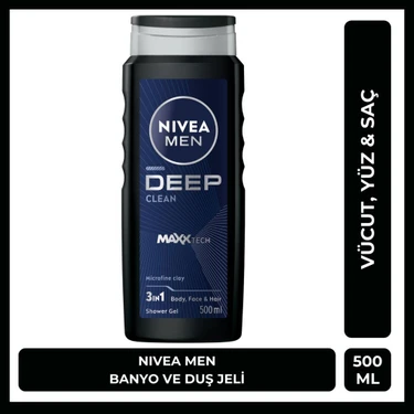 NIVEA MEN Deep Dimension Erkek Duş Jeli 500ml; 3ü1 Arada Vücut; Saç ve Yüz için Pratik