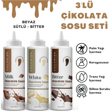 Cocowiss Chocolate 3'lü Çikolata Sosu Seti - Dondurma & Pancake & Krep & Waffle Çikolatası