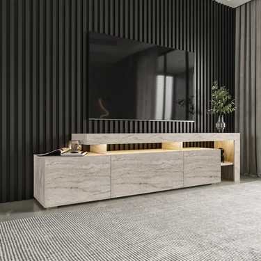 İnarch Dizayn Beliz Modern LED Işıklı 3 Kapaklı, Raflı TV Sehpası – 192 cm, Traverten Mermer