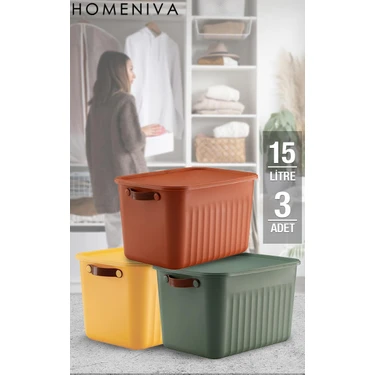 Homenıva 3 Adet Storage Bo x  Mi x  15 Lt Çok Amaçlı Düzenleyici Kapaklı Kutu, Dekoratif Saklama