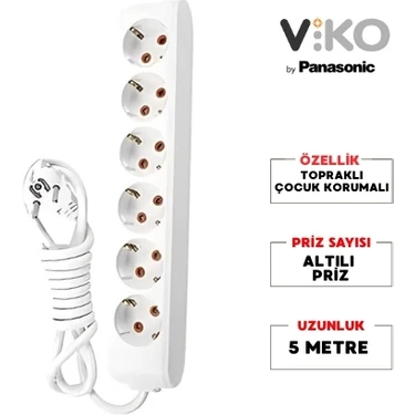 Viko | Altılı Grup Priz, Topraklı - Çocuk Korumalı Çoğaltıcı Priz  [Altılı, 5 Metre,