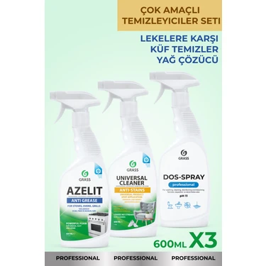 Grass Temizlik 3 adet set "Azelit" Yağ Çözücü, "Universal Cleaner" Lekelere karşı, Dos Spray Küf