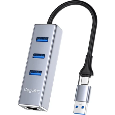 VegGieg USB ve Type-C Gigabit Ethernet Adaptörü 3 Port USB 3.0 Çoklayıcı