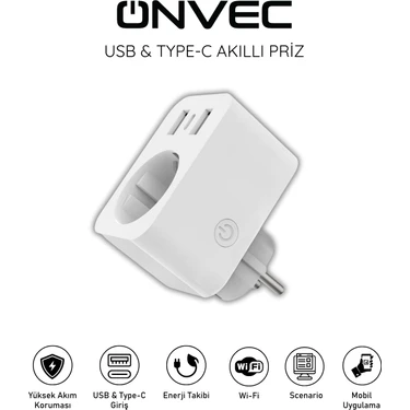 Onvec Usb Type-c Akıllı Tekli Priz, WiFi + BLE, Google Home ve Amazon Alexa Uyumlu, Uzaktan