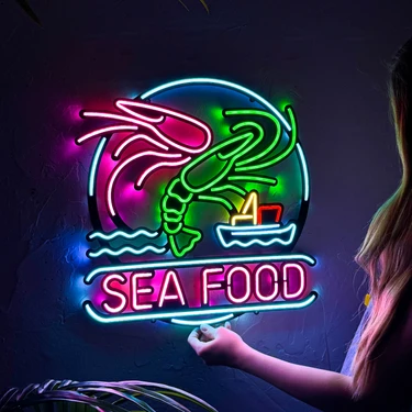 Hoagard Sea Food (Deniz Ürünleri) Restoran Neon Duvar Tabelası, Tablosu, Dekoru - Metal Üzerine LED