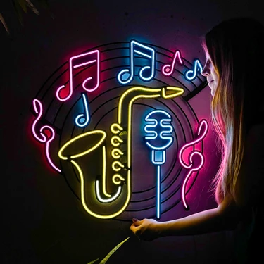 Saksafon & Müzik Neon (Led) Tabela - Pub, Club Duvar Dekoru - Metal Üzerine Neon Dekoru | 66 cm x