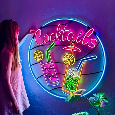 Tol Camp Cocktails Neon (Led) Tabela - Pub Duvar Dekoru - Metal Üzerine Neon Duvar Lambası | 100 cm