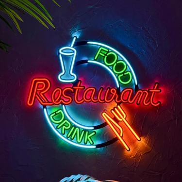 Restoran (Restaurant) Neon Duvar Tabelası, Tablosu - Metal Üzerine LED Duvar Dekoru | 59 cm x 49