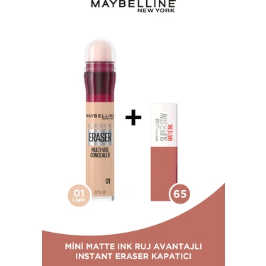 Maybelline New York Instant Anti Age Eraser Kapatıcı - 01 Light + Mini Matte Ink Likit Mat Ruj - 65